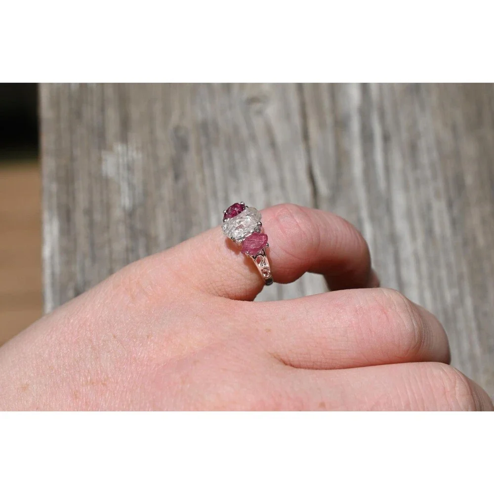 Engagement ring Raw Crystal  with Pink Tourmaline and Quartz Handmade Silver Thr